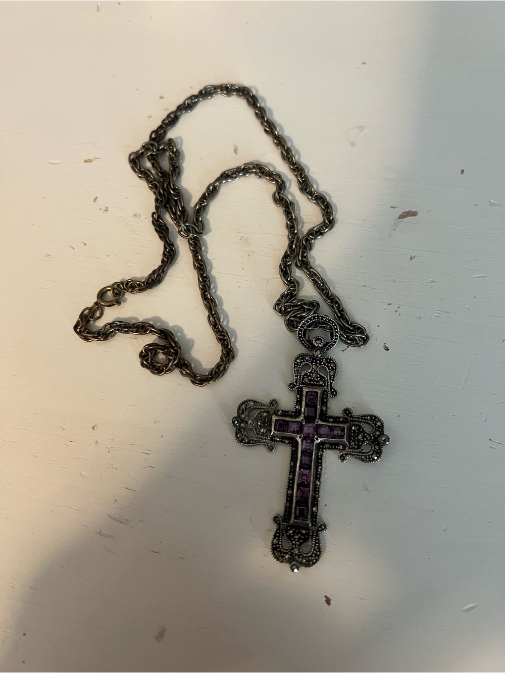 Vintage Sterling Silver 925 Marcasite cross Pendant Necklace Purple